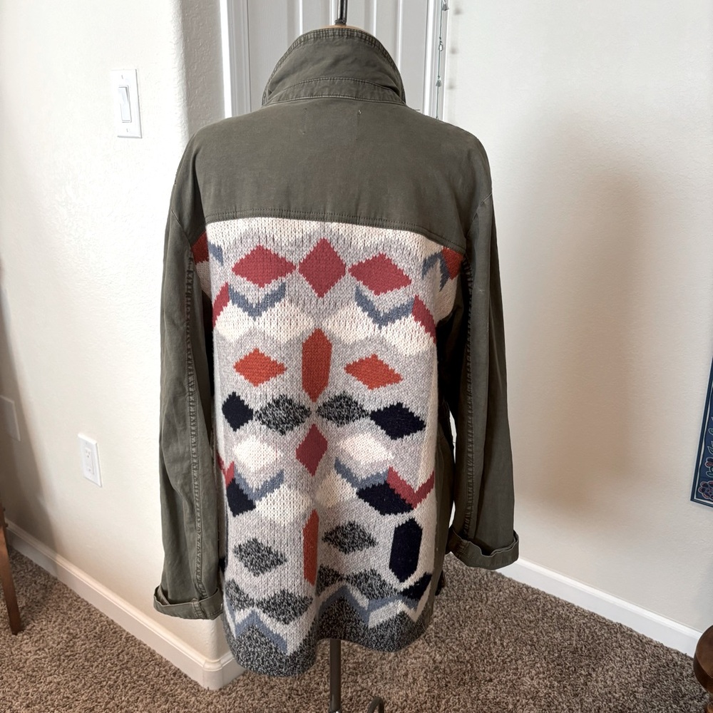 Olive Utility Jacket with Geometric Knit Back